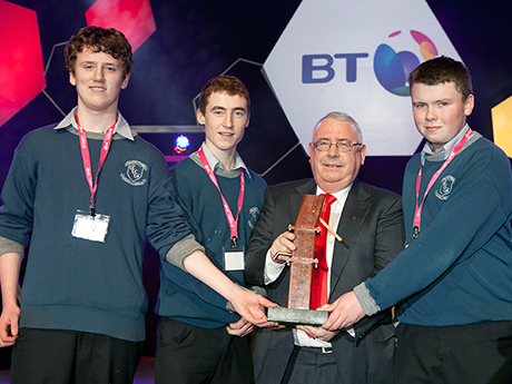 Minister Joe Costello presents award to Fergus Jayes, Darragh O Donovan, Ciaran Crowley from Clonakilty Community College, County Cork for their project  "The design and development of an improved solar fridge" Copyright Fennell Photography 2013
