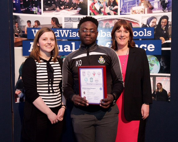 Rachel McEntee and Israel Olajide from St Olivers, Drogheda with Anne Payne, Irish Aid
